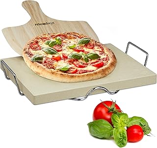 Relaxdays Pizzastein Set 3 cm Stärke mit Metallhalter und Pizzaschieber aus Holz HBT: 38x 30x 3cm rechteckiger Brotbackstein für Pizza und Flammkuchen mit Pizzaschaufel für Pizzaofen, natur