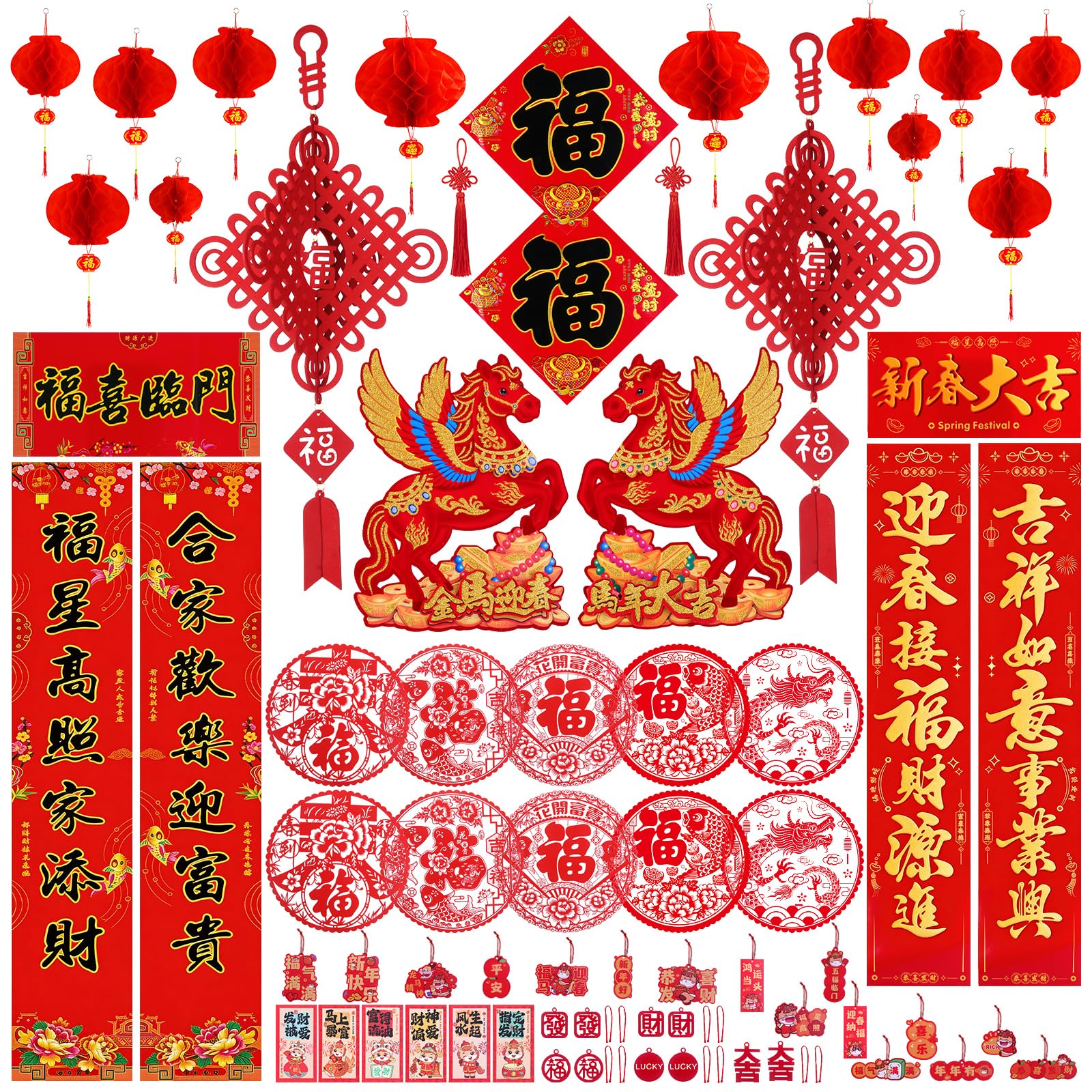 68PCS 2026 Chinese New Year Decorations - Year of The Horse Lunar New Year Decor with Chunlian Couplets Felt Hanging Ornaments Chinese Knots Red Lanterns Fu Character Window Stickers