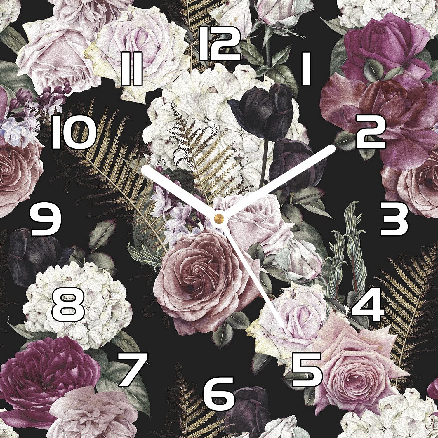 Horloge en verre de sécurité cuisine salon fleurs romantiques 30x30