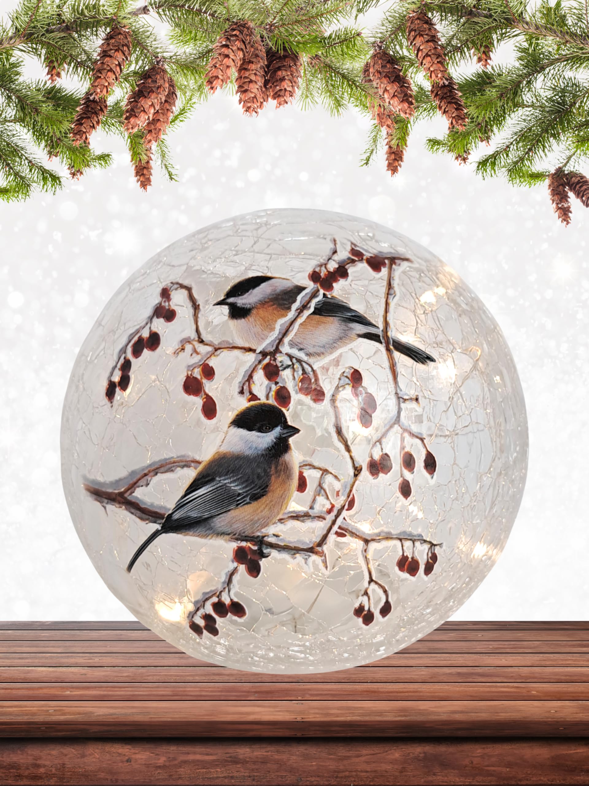 Chickadee Pair Crackle Glass Globe - LED Christmas Light Up Globe Home Decor - Battery Operated Globe Lamp with 6 Hour Timer - Requires 3 AA Batteries (Not Included)