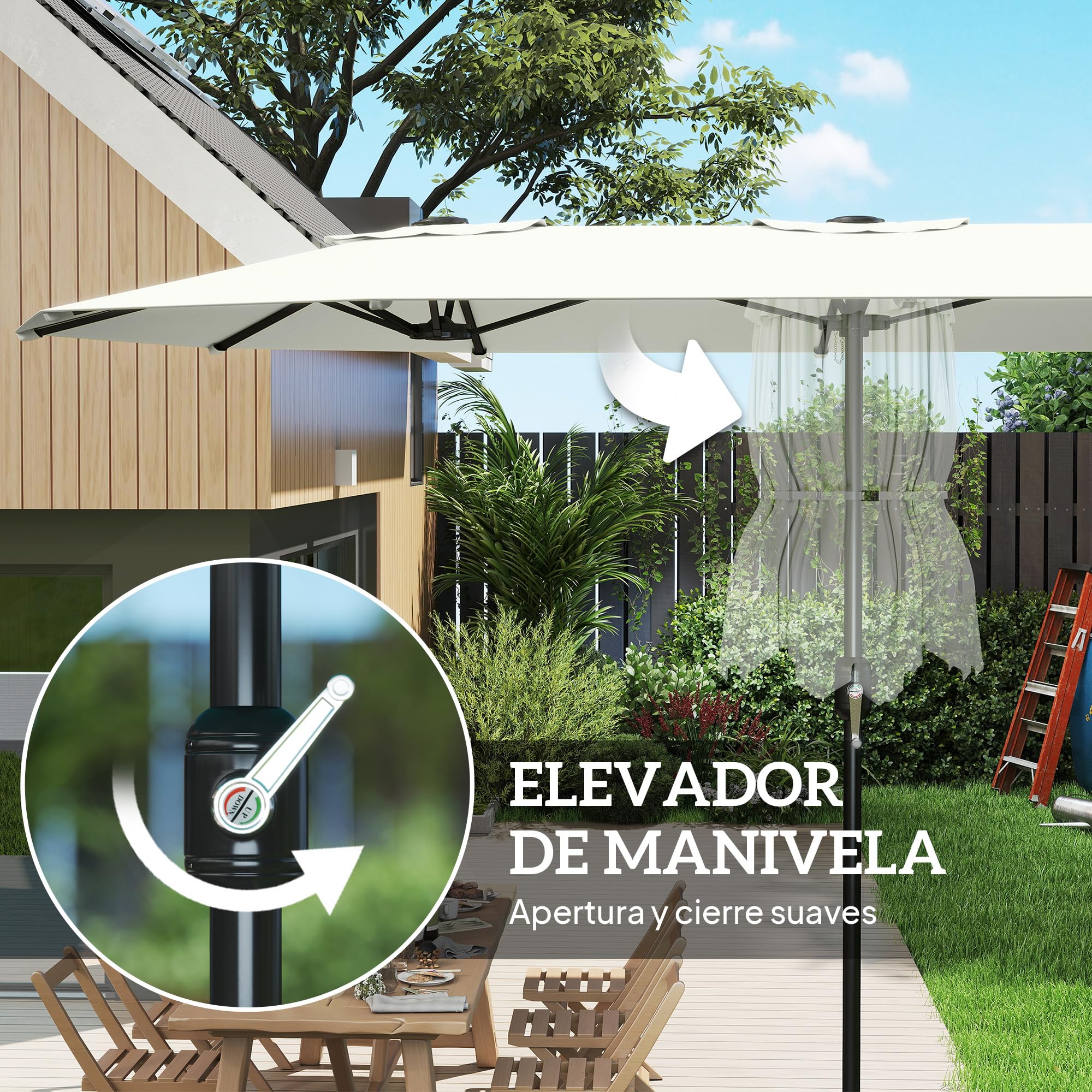 Outsunny Sombrilla Doble 4,6x2,6 m con Manivela Manual UV50+ Blanco | Sombrilla Terraza Exterior, Funda Protectora, Resistente al Agua, Parasol para Jardín, Terraza, Patio