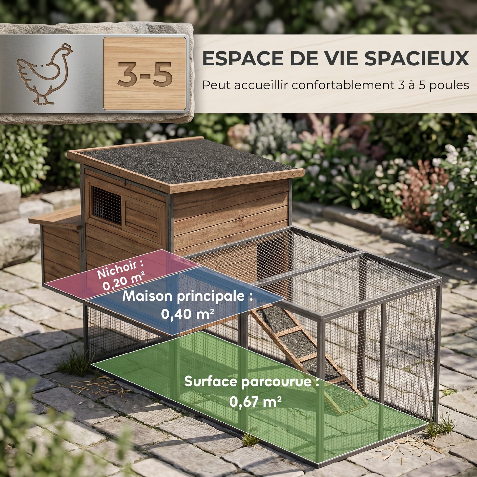 PawHut Poulailler XXL Bois 3-5 Poules Grand Enclos 192x81,5x104cm Orange