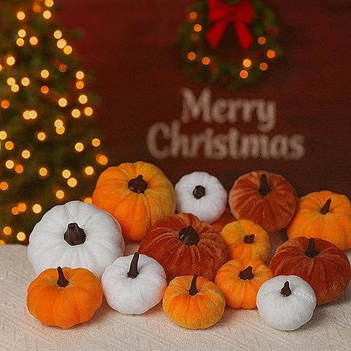 Miniatura 4 de 12 calabazas flocadas de imitación, perfectas para la cosecha de otoño, Halloween o centros de mesa de Acción de Gracias (12, dorado, blanco y rojo
