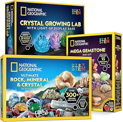 Paquete de National Geographic Geology, incluye caja de colección de rocas para niños, kit de cultivo de cristales y kit de excavación de piedras