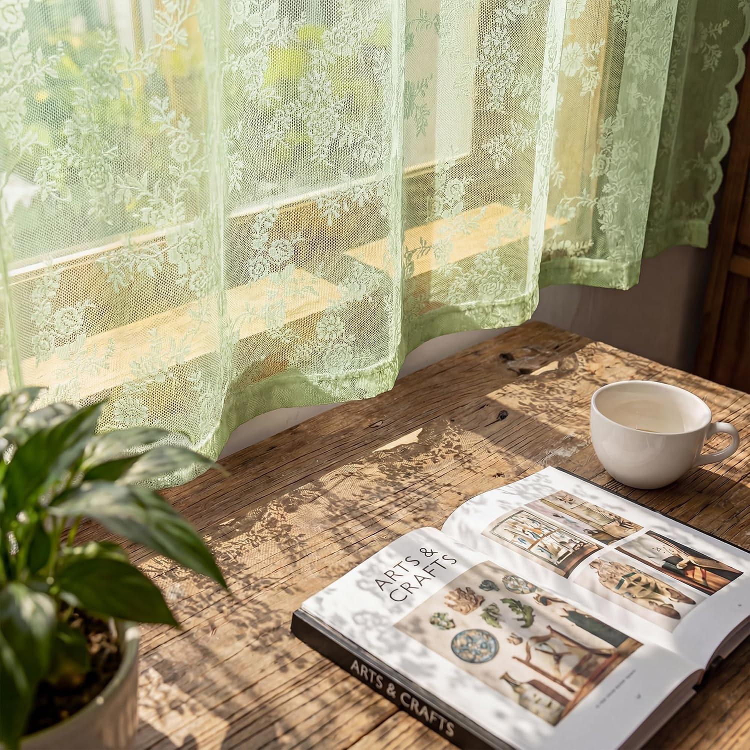 Horaldaily 2Pcs Sage Green Lace Tier Curtains, 55x36in, Floral, Boho