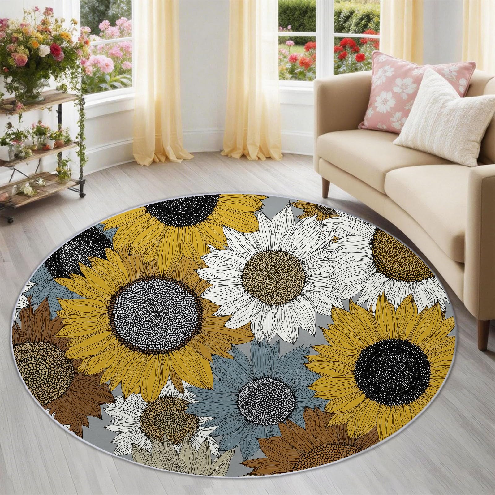 Alfombra redonda de girasoles 160 cm rústica y lavable para decorar el dormitorio o comedor