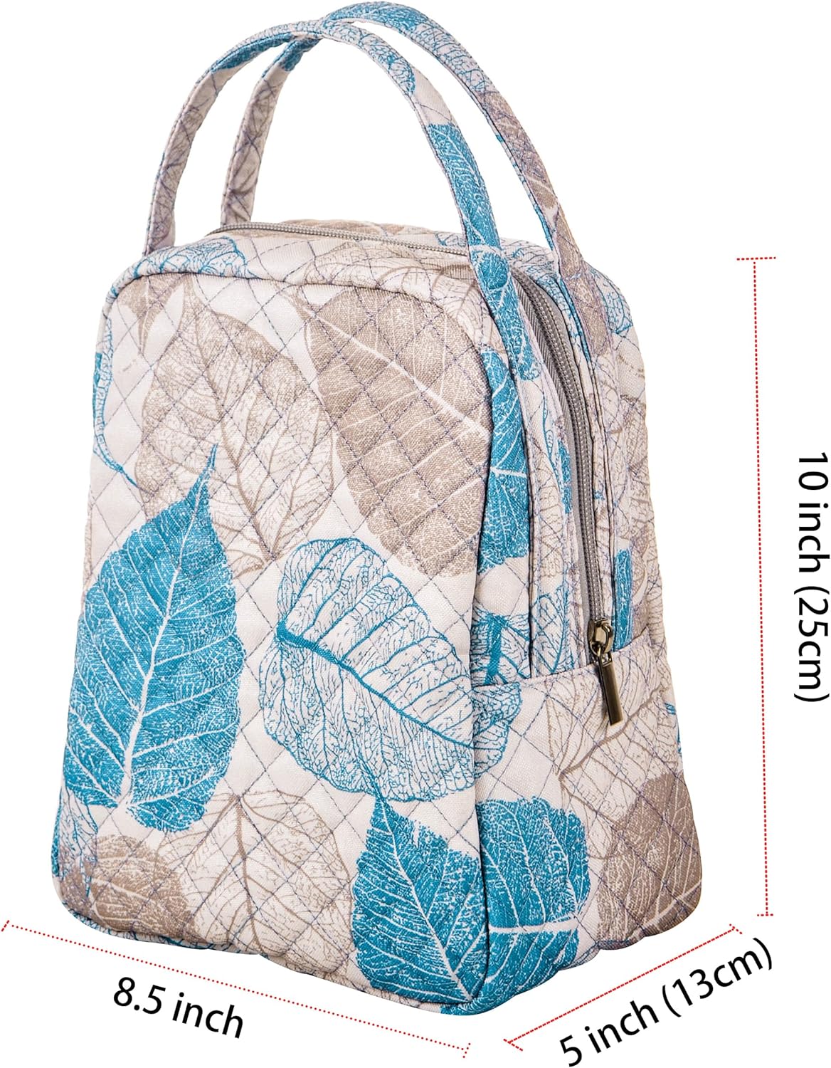 Large Quilted Fabric Cotton Reusable Inusulated Lunch Tote Bag Cooler Snack Bag Women Pretty Thermal Lunch box Storage Gift Bag for Work & Outdoor (Leaves) - Image 3