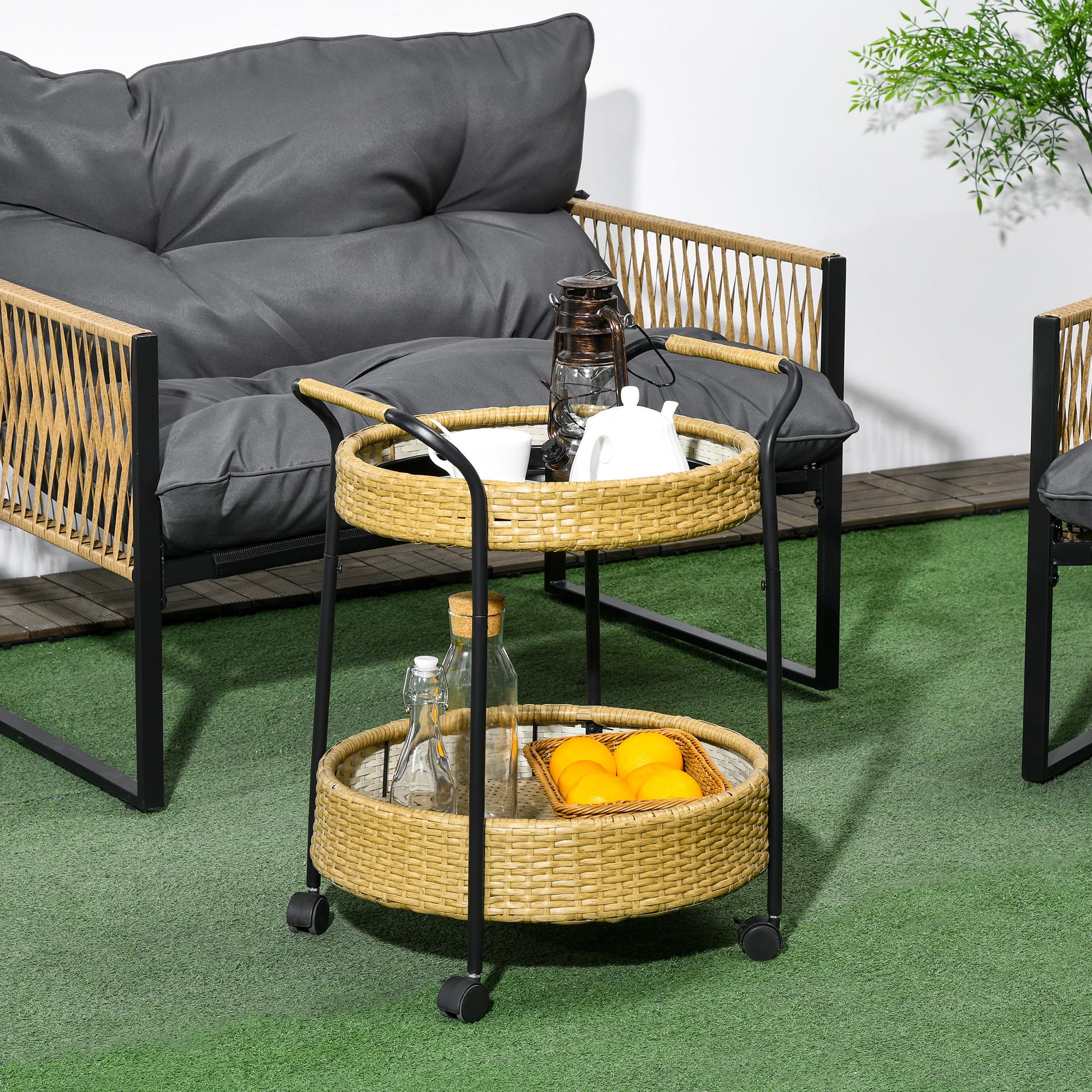 Outsunny Servierwagen Rattan Trolley mit 2 Regalen, Runde Küchenwagen, Gartenrollwagen mit Griffen, Outdoor Barwagen für Balkon, Stahlrahmen, Φ50 x 66 cm, Natur