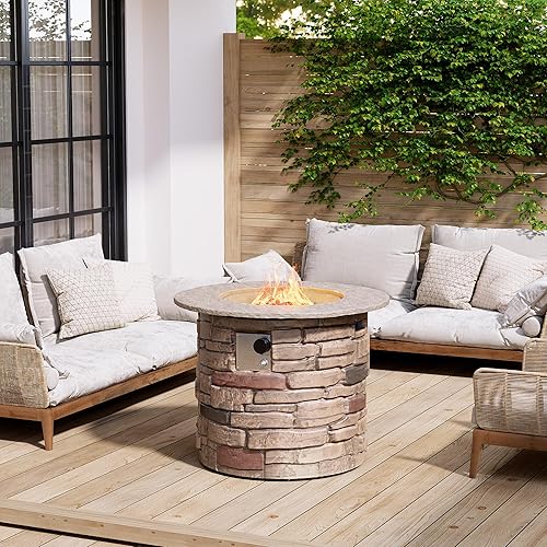 Miniatura 7 de HOMPUS Mesa de fuego de propano para exteriores, hormigón de piedra de imitación de 32 pulgadas con cubierta de lluvia y rocas de lava, sin humo,