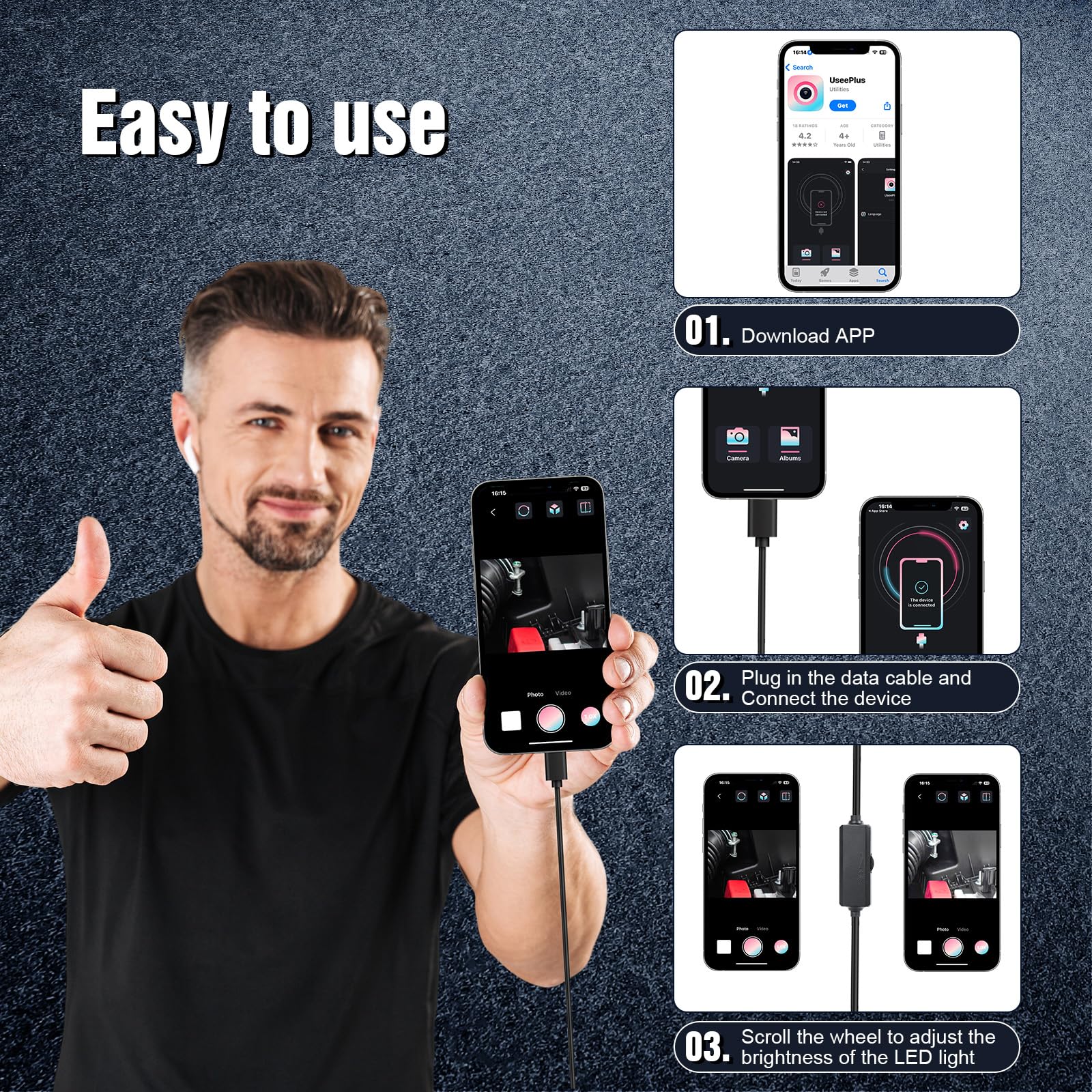 AiQInu Endoscopio per Smartphone, Telecamera Endoscopica 1920P con 8 LED, IP67 Impermeabile, Compatibile con iOS e Android, Perfetto per Ispezioni Elettriche e Manutenzione Veicoli (16.4ft/5M)