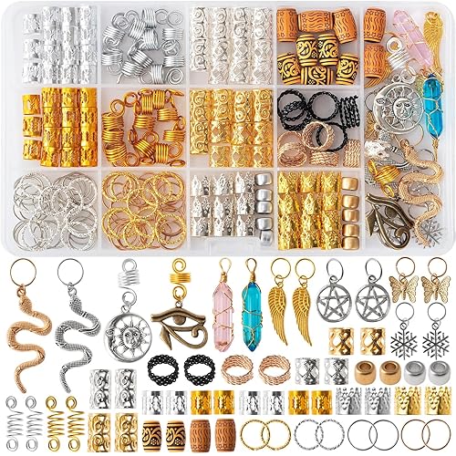 200 cuentas para el cabello, dijes de cristal de gema de rastas, anillos de bobinas de metal, colgantes de oro y plata, puños trenzados, clips,