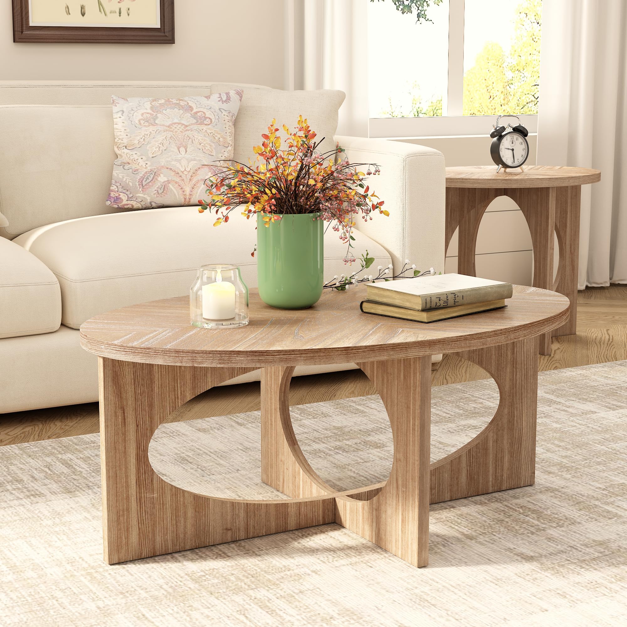 PADMA HOUSE Wooden Oval Coffee Table, Solid Natural Wood Coffee Table for Living Room, Oval Rustic Wood Center Coffee Tables with Cross Legs, Farmhouse Coffee Table, 43.3" x 23.6" x 18.1"