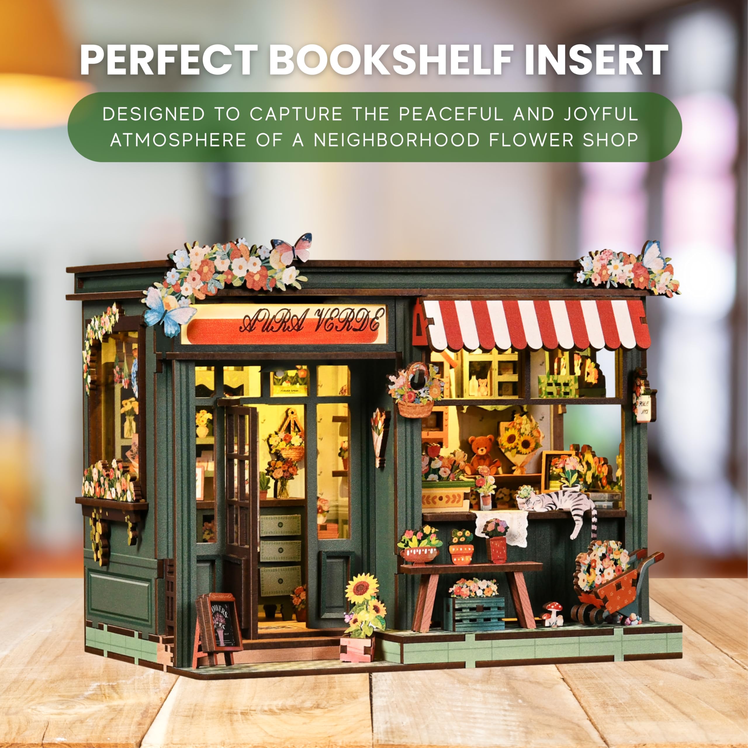 DIY Book Nook Kit mit LED-Lichtern - 3D-Holzpuzzles für Erwachsene (Aura Verde Blumenzimmer)