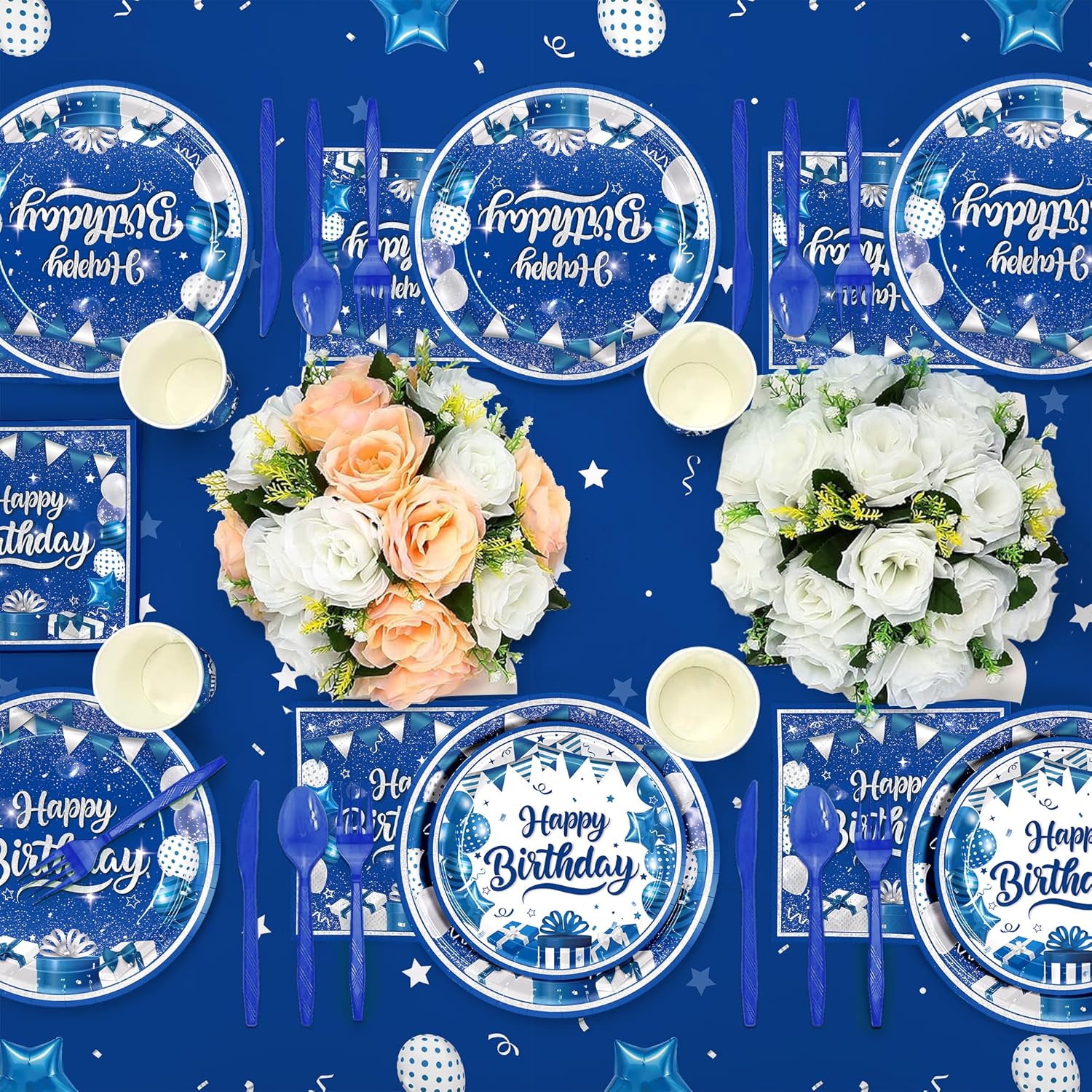 185pcs Happy Birthday Decorations Blue and Silver Plates Napkins Disposable Tableware Set Paper Cups Banner Tablecloth for Men Women Birthday Party Supplies Serves 24 Guests - Image 5