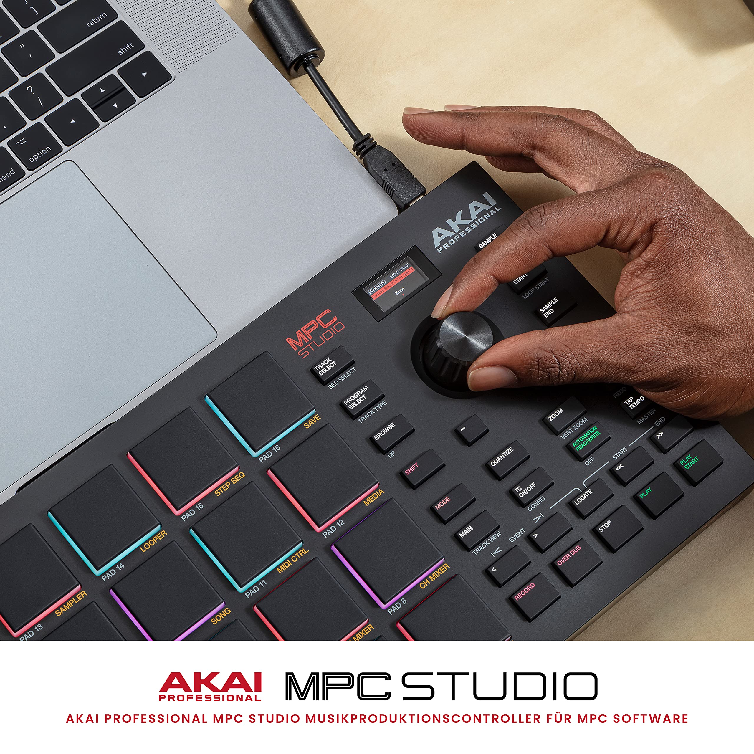 Akai Professional MPC Studio - MIDI Controller Beat Maker mit 16 anschlagdynamischen RGB Pads, MPC Software, zuweisbarem Touch Strip und LCD Display