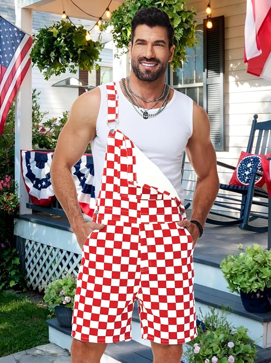Mens Checkered Bibs Overalls Adult Cotton Denim Jeans Jumpsuits