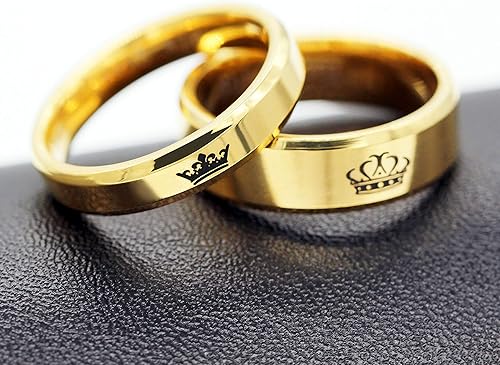 Miniatura 6 de Juego de 2 anillos para parejas "His Queen and Her King", acero de titanio a juego, anillos de promesabodacompromiso para parejas (negro, dorado)