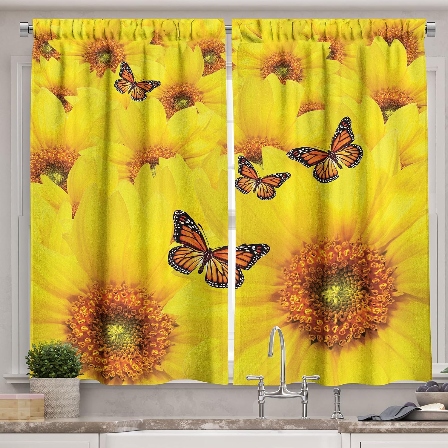 Amazon.com: Lunarable Sunflower Kitchen Curtains, Sunflower Flowers ...