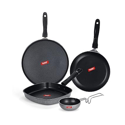 SUMEET NonStick Aluminium Belt a Cookware Set (Dosa Tawa - 26.5Cm , Grill Pan-22cm , Tapper - 0.6Ltr - 20Cm , Wayfaring/Tadka - 190Ml - 10Cm Dia, silver )