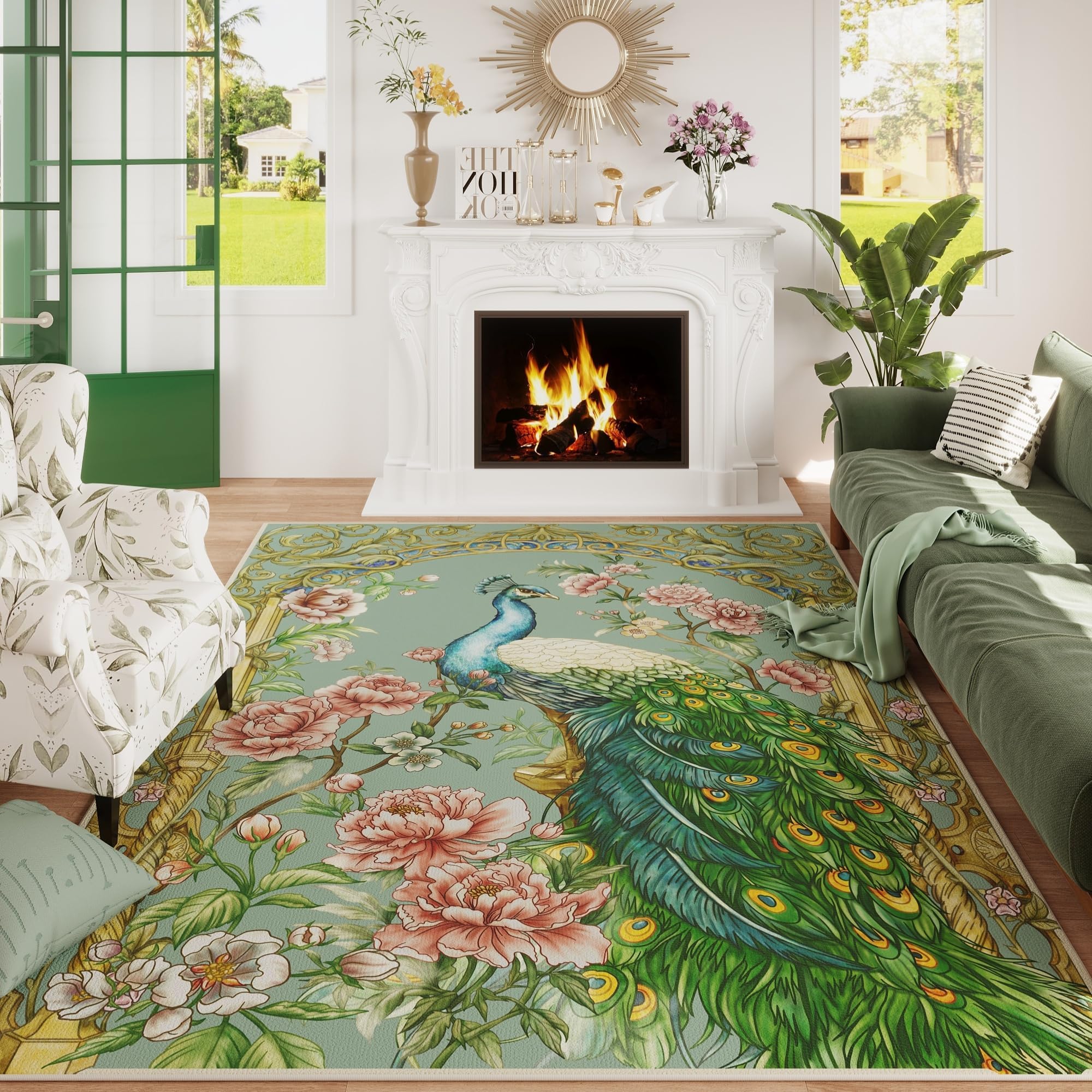 Vowkten Living Room Rug 5x7 Rug Machine Washable Floral Peacock Animal Area Rug Non Slip Vintage Low Pile Large Rugs for Living Room, Bedroom,