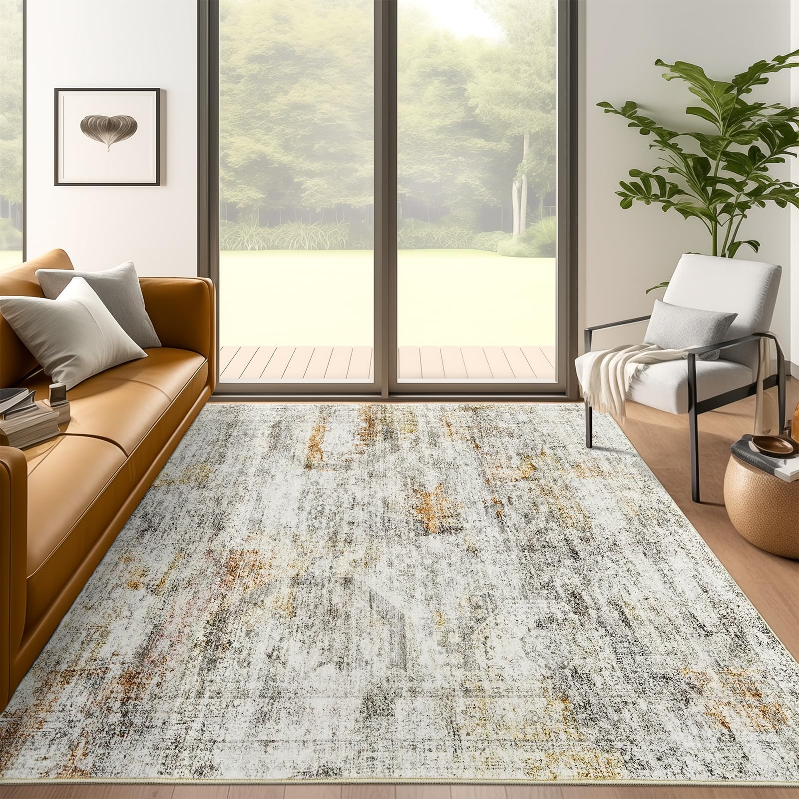 Soalmost 5x7 Area Rugs Grey/Rust Low Pile Washable Trendy Faded Style Rug | Vintage Non-Slip Indoor Accent for Bedroom Dining, Foldable Stain Resistant Floor Carpet Mat Under Table Home Office Decor Grey/Rust 5' x 7' (Rectangular)