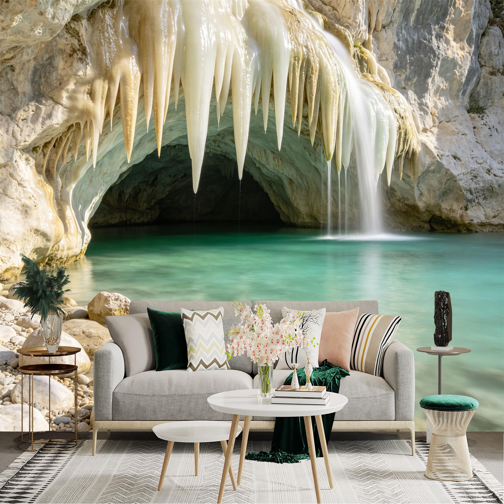 Lnzczhyre Dbh260521758 Custom Size Wall Sticker Mural， Natural Limestone Cave Waterfall， Turquoise Lagoon， Stunning Icicle Rock Formations， For Wall Decoration， Peelandstick Wall Decals.