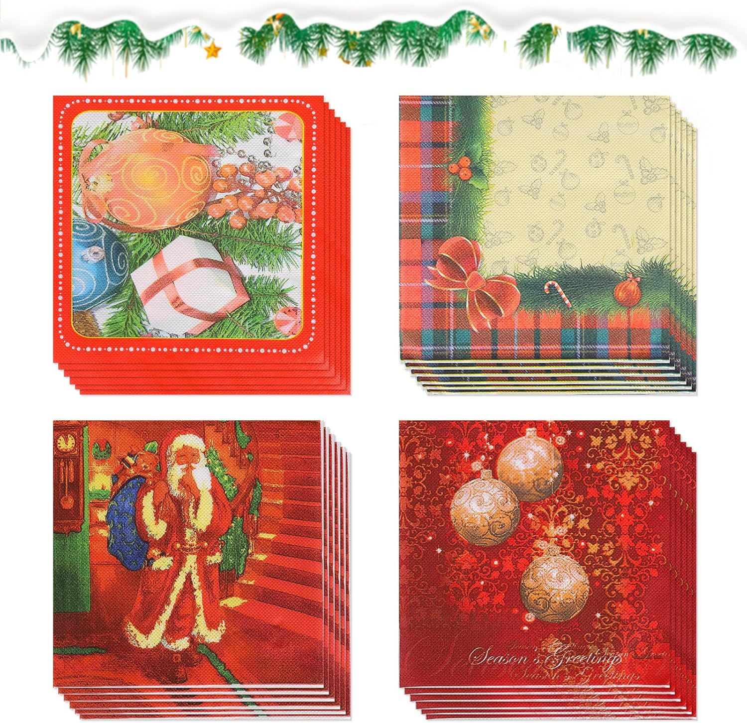 80 Pieces Christmas Paper Napkins 4 Style, Christmas Balls Santa