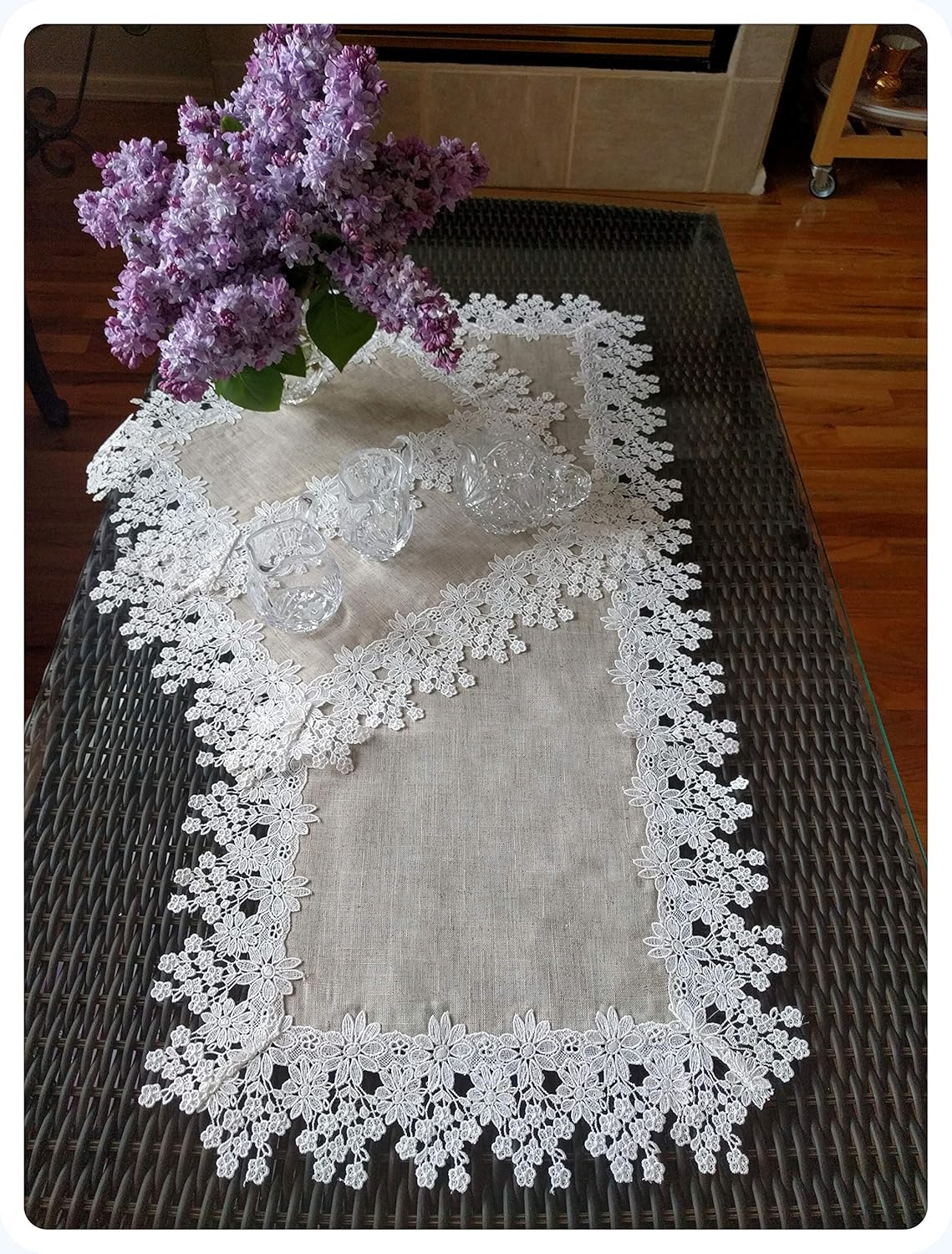 Galleria di Giovanni Lace Set 35 Inch Dresser Scarf Runner Plus Two 17" x 12" Doilies Place mat Neutral Natural Earth Tones Daisy Burlap