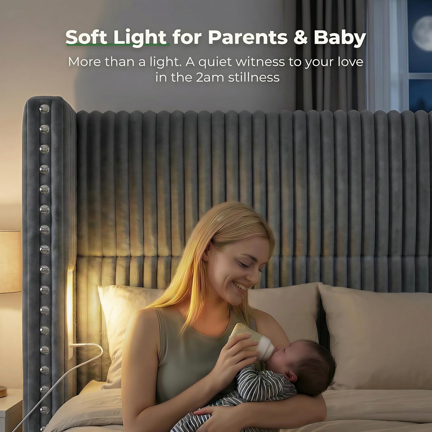 King Bed Frame with 56.7" Tall Headboard & Reading Lights, Corduroy Upholstered Wingback Platform Bed with Charging Station, Modern Retro Design, Noise Free, No Box Spring Required, Grey