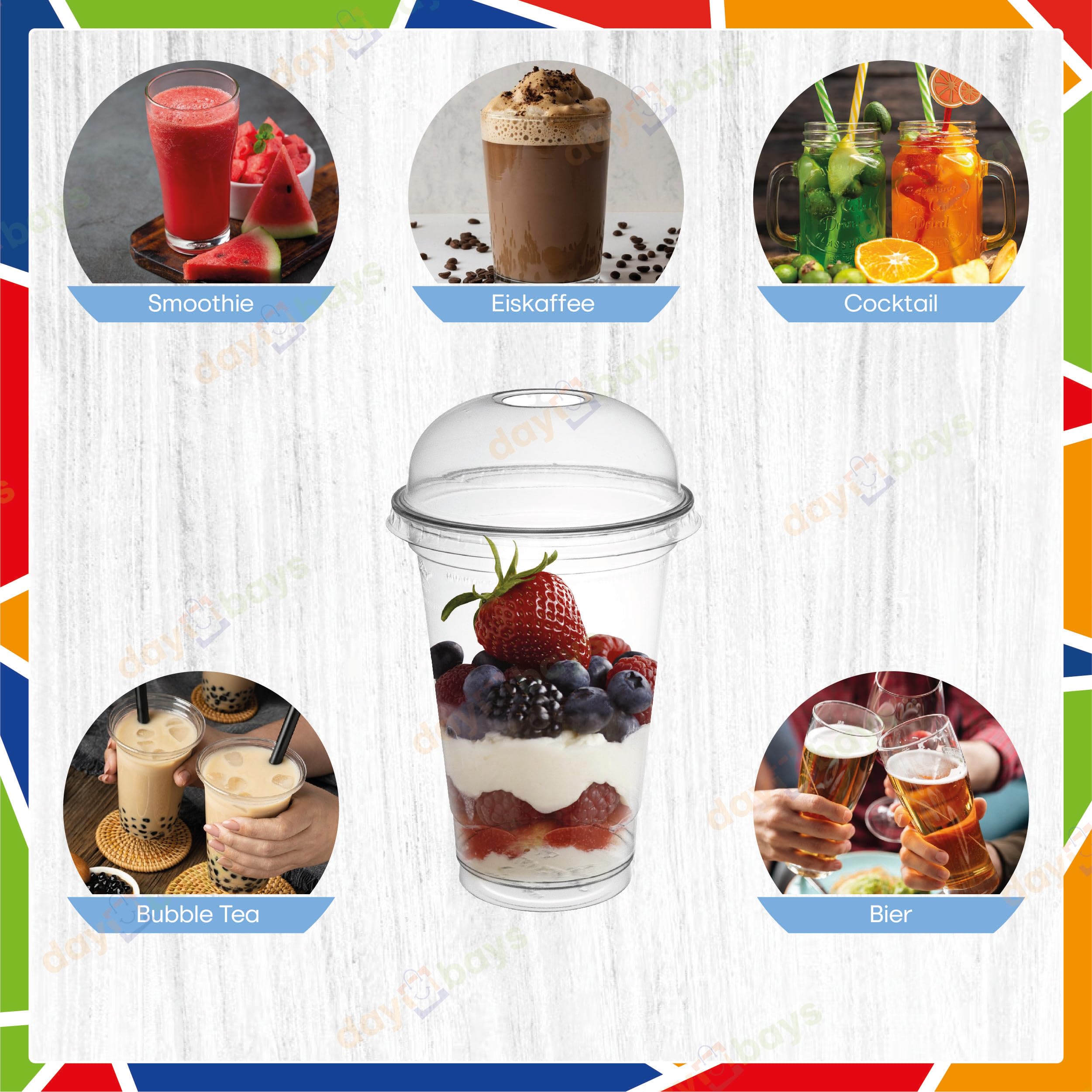 Smoothie Becher to Go 400ml Ø95mm inkl. Domdeckel mit Rundloch 50 Stk. Plastikbecher Trinkbecher Einwegbecher Dessertbecher Eiskaffee Bubble Tea Becher Cocktail Gläser (50, 400ml.)