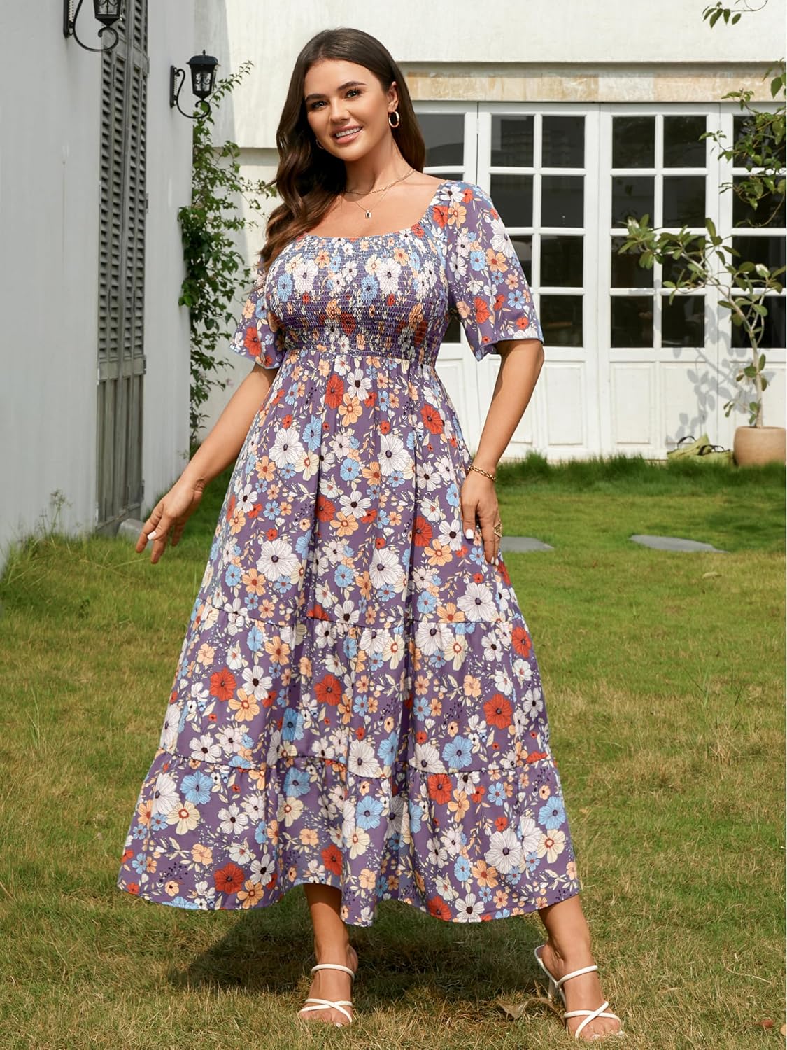 RWJ Women's 2026 Plus Size Summer Dress Short Sleeve Smocked Boho Wedding Guest Beach Vacation Floral Maxi Dresses