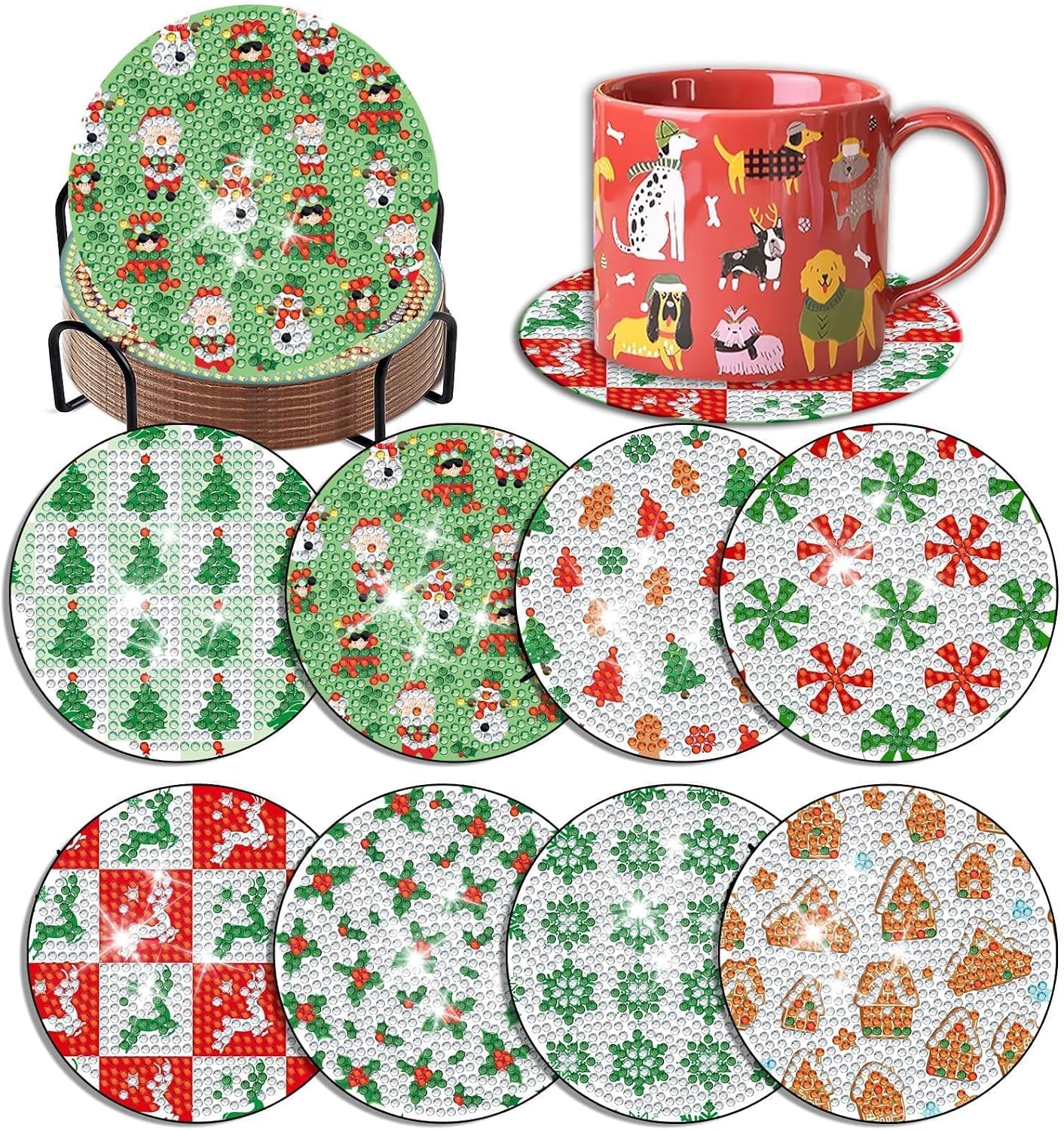 8 Pcs Christmas Diamond Art Coasters Kits with Holder DIY Christmas Diamond Art Coaster for Adults Diamond Kits Supplies for Xtmas