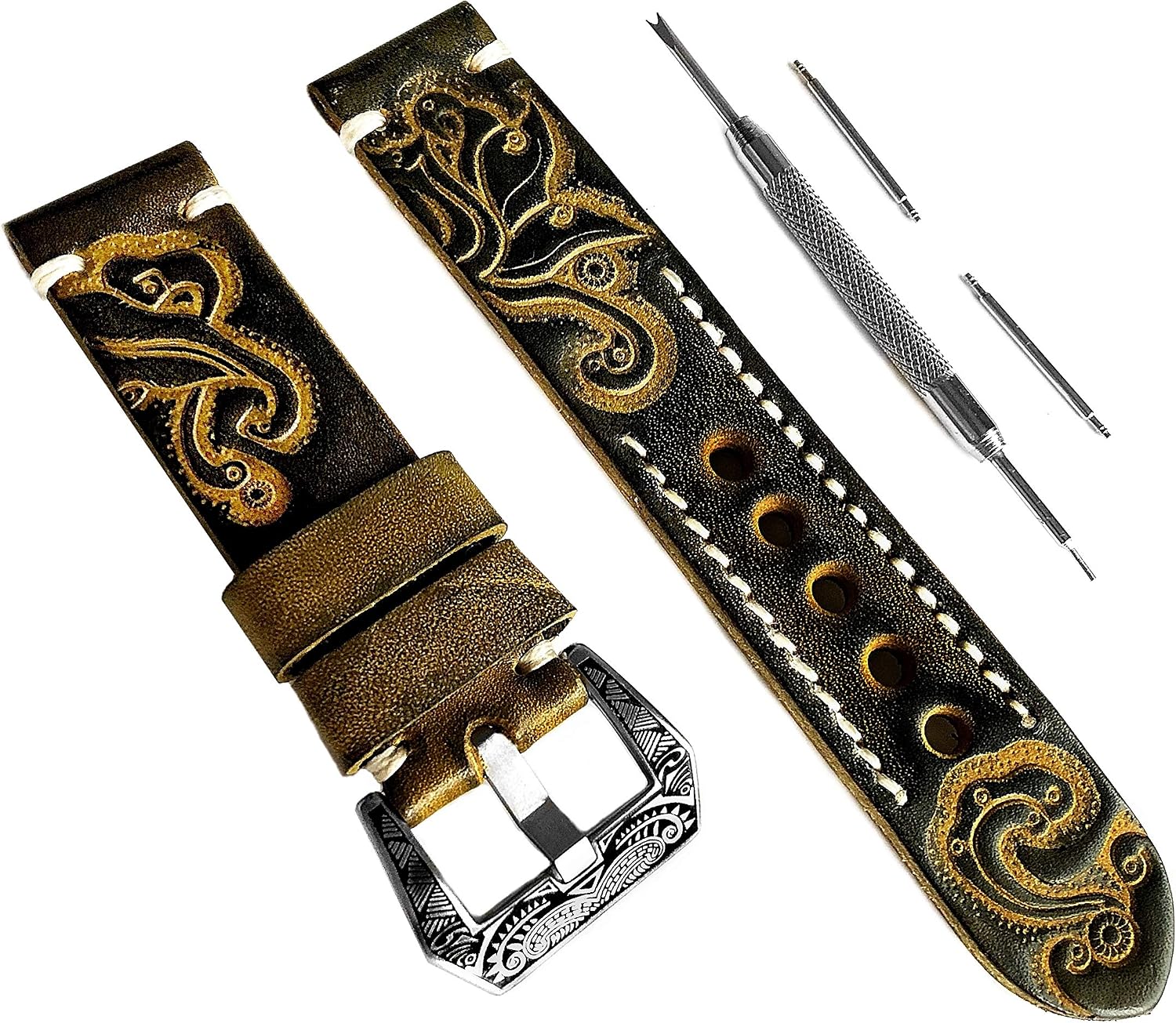Green with Yellow Embossed Leather Strap Compatible with Garmin Venu Sq, Venu Sq Music Edition and Venu Band Pins Tool B20
