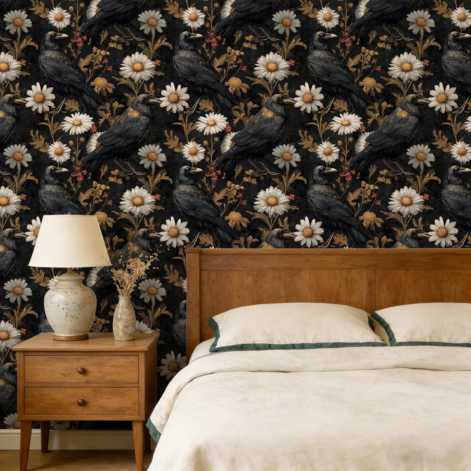 Dark Gothic Crow & Gold Floral Peel and Stick Wallpaper, 17.7×118 Inch Removable Self-Adhesive Mural, Mystic Bird & Flower Wall Decor for Bedroom, Living Room, Gothic-Themed Spaces