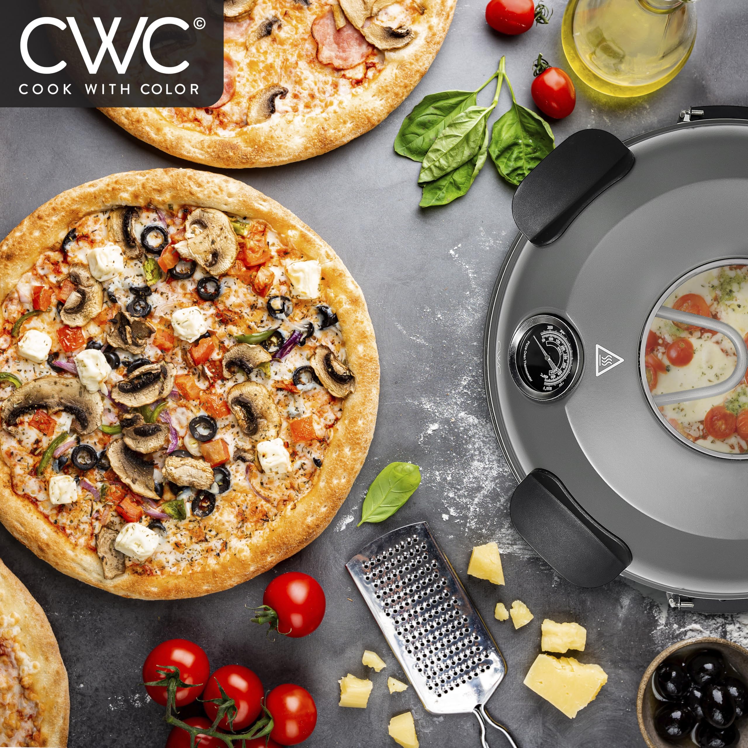 Cook With Color Electric Indoor Pizza Oven – Crispy Crust Countertop Pizza Maker, Heats up to 800˚F, 12 Inch Ceramic Stone, Dual Temperature Control Knobs, Bamboo Peel Included, Gunmetal Grey - Detailed View