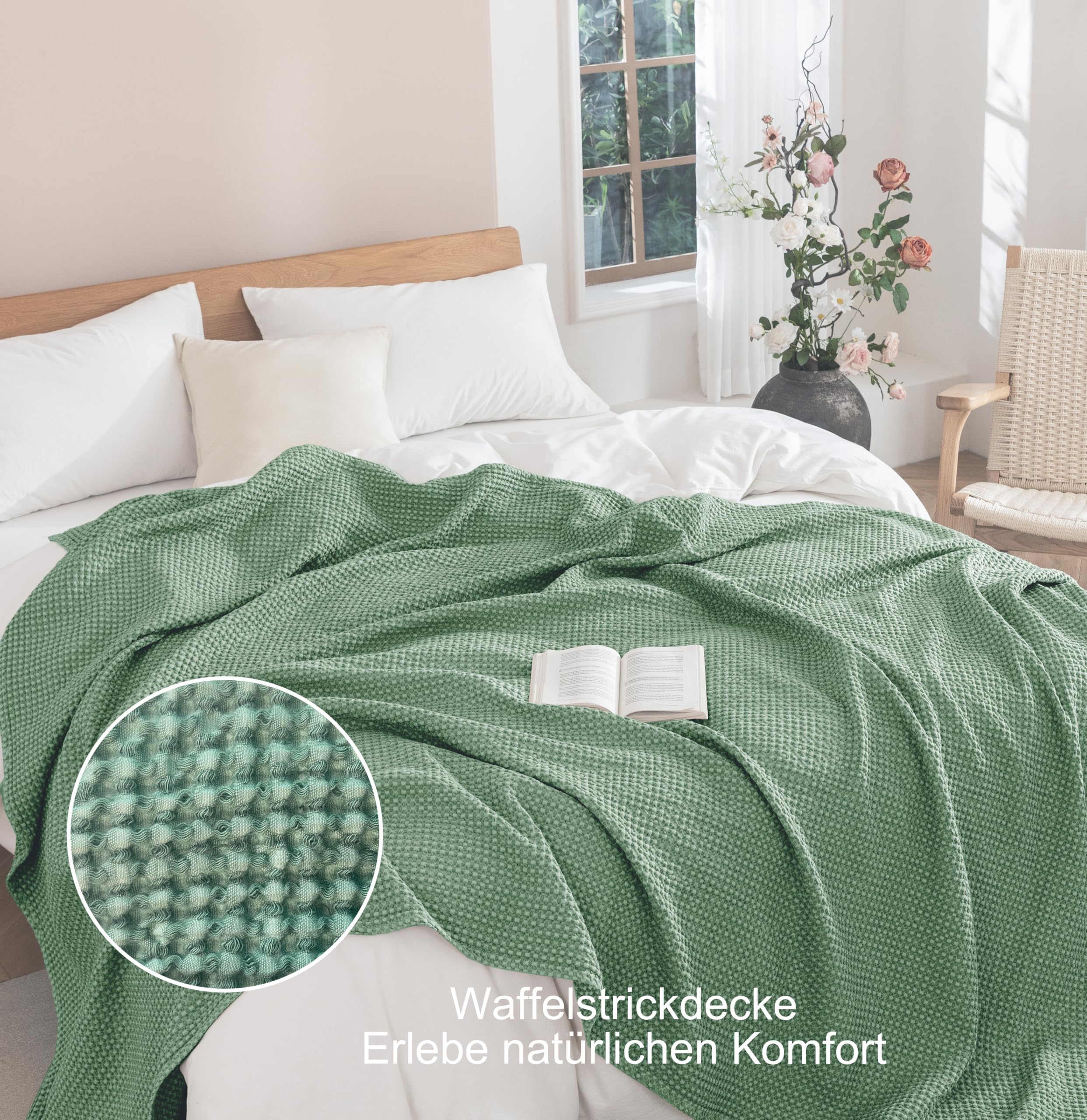 Tagesdecke 100% Baumwolle Waffeloptik 150x200cm Grün Atmungsaktiv Bettüberwurf Couchüberwurf