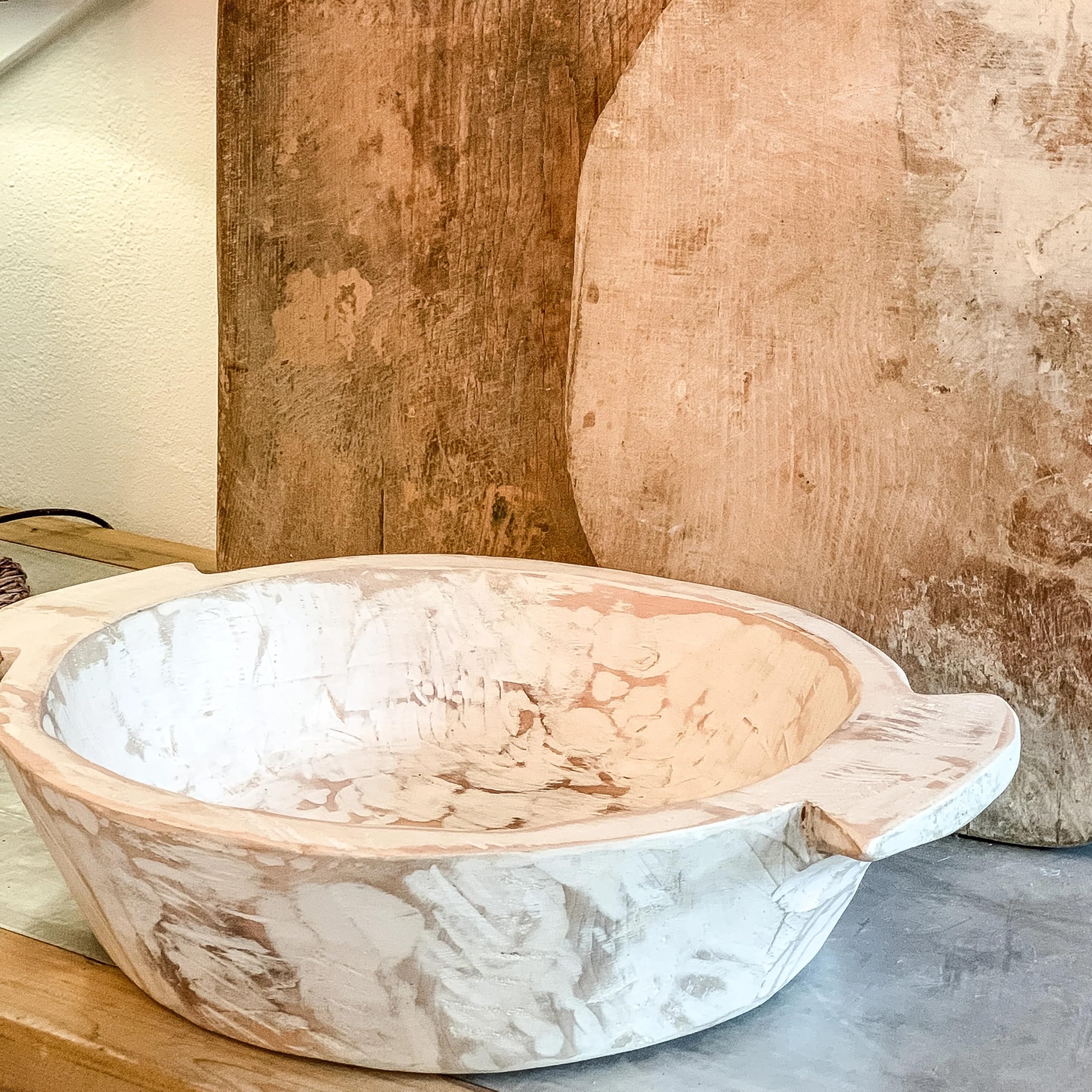 Antike Vintage wunderschön handgefertigte kreative große weiße Holz-Teigschale mit Griffen, Holz im alten indischen Stil, sieht absolut schön aus mit Ihrer Kücheneinstellung für Pommes Frites