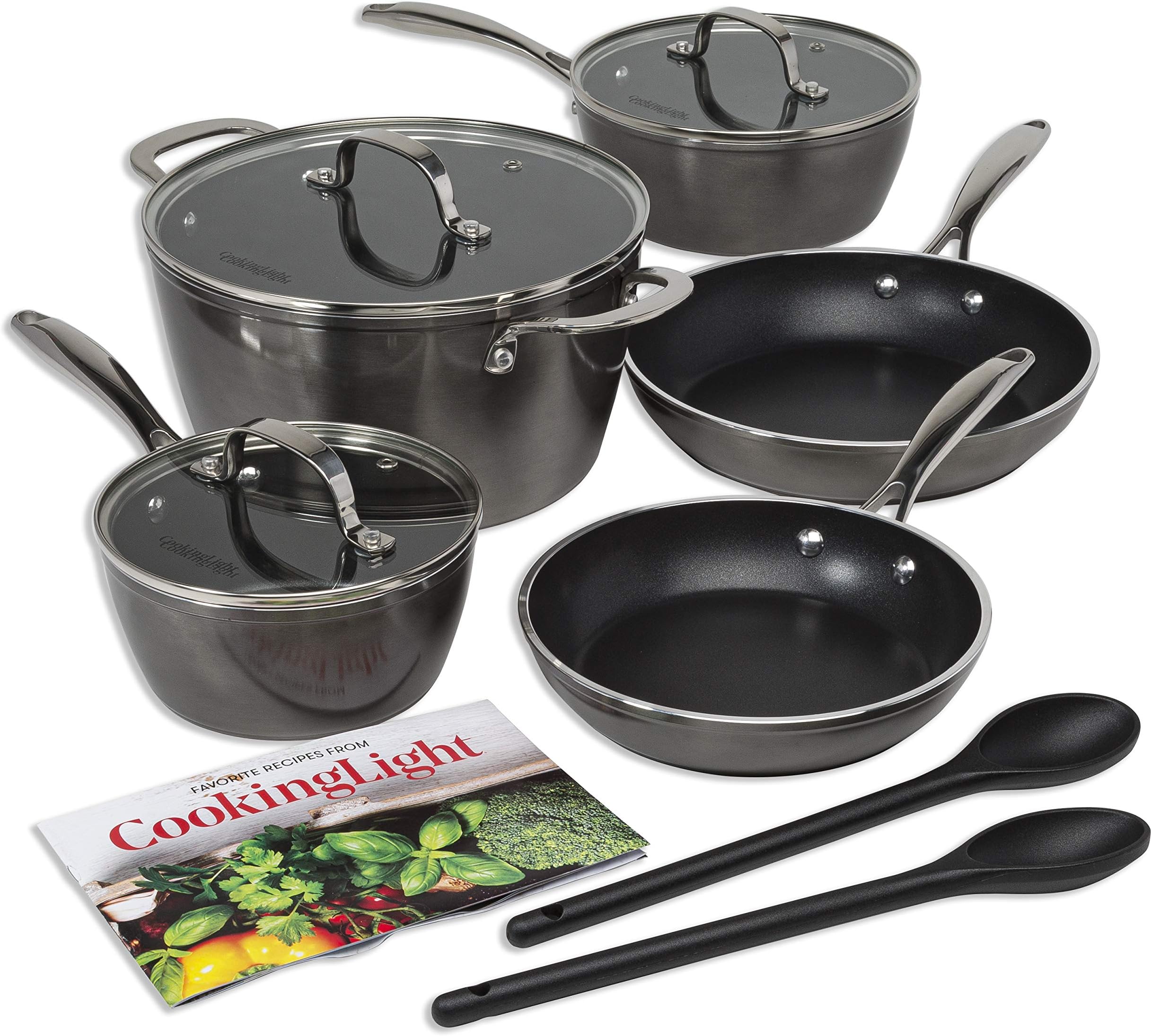 Cooking Light Inspire Non-Stick Cookware Set, Dishwasher Oven Safe Pots and Pans, Steam Vented Glass Lids, 2 Nylon Tools Included, 10 Piece, Gunmetal Gray