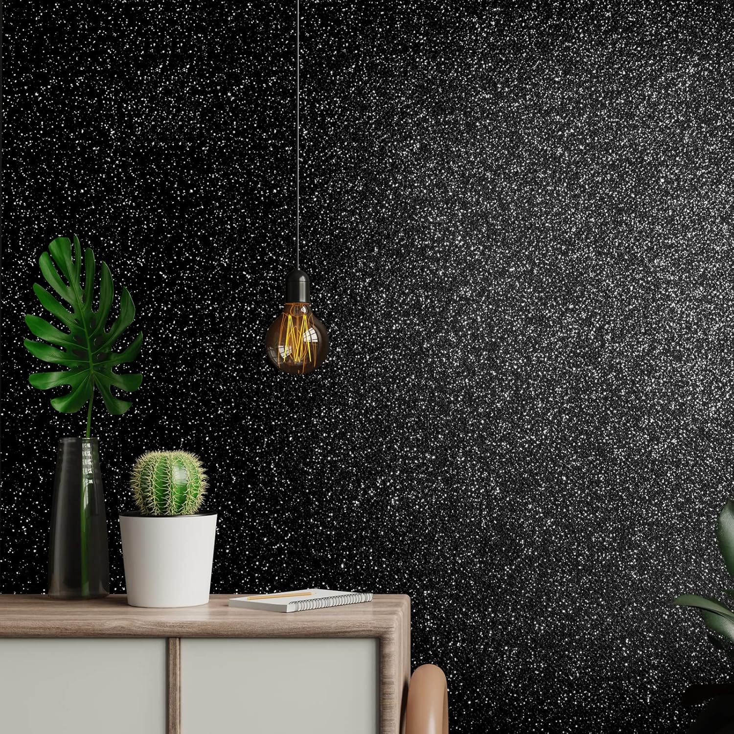 VEELIKE 15.7''x354'' Black Glitter Peel and Stick Wallpaper Sparkle Glitter Wallpaper Self Adhesive Black Contact Paper for Cabinets Shelves Walls Removable Glittery Vinyl Fabric for Bedroom Bathroom