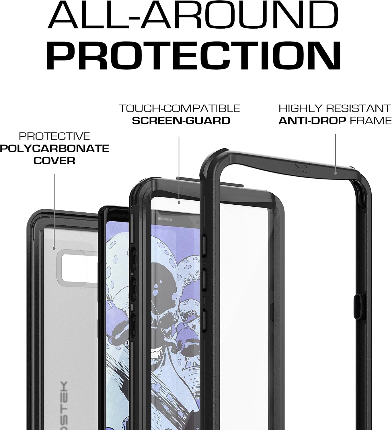 Ghostek Nautical Galaxy Note 8 Waterproof Case with Screen Protector Slim Extreme Heavy Duty Protection Tough Shockproof Full Body Underwater Watertight Seal for 2017 Galaxy Note8 (6.3 Inch) - (Black)