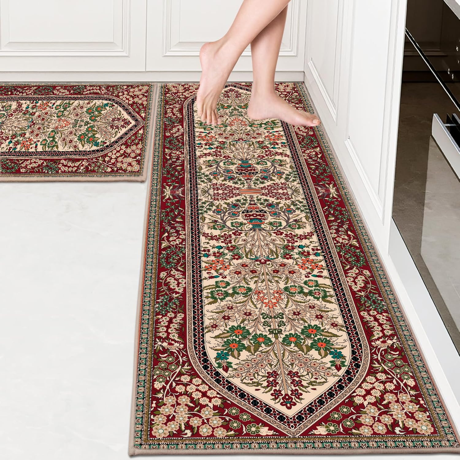 ishro home Engineered Polyester Retro Series Premium Kitchen mats for Floor Anti Slip | Machine Washable | 2 Pcs Kitchen mat | 18''x54 & 18''x28'' | (Medallion Retro)-image-3