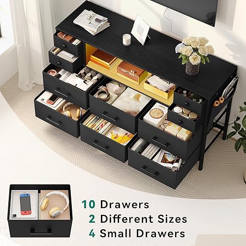 Miniatura 21 de YITAHOME Soporte de TV con estación de carga, cómoda de 9 cajones para TV de 55 pulgadas, soporte negro con bolsillos laterales, tela para sala de A