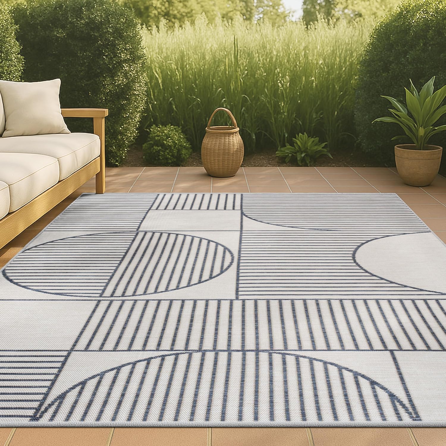 JONATHAN Y Geometric Lines Reversible Washable Indoor Outdoor Area Rug 3X5 Navy/Cream, Arielle Mid-Century Modern for Backyard, Patio, Porch, Easy-Cleaning, Pet-Friendly, Non-Shedding (SVH111A-3)