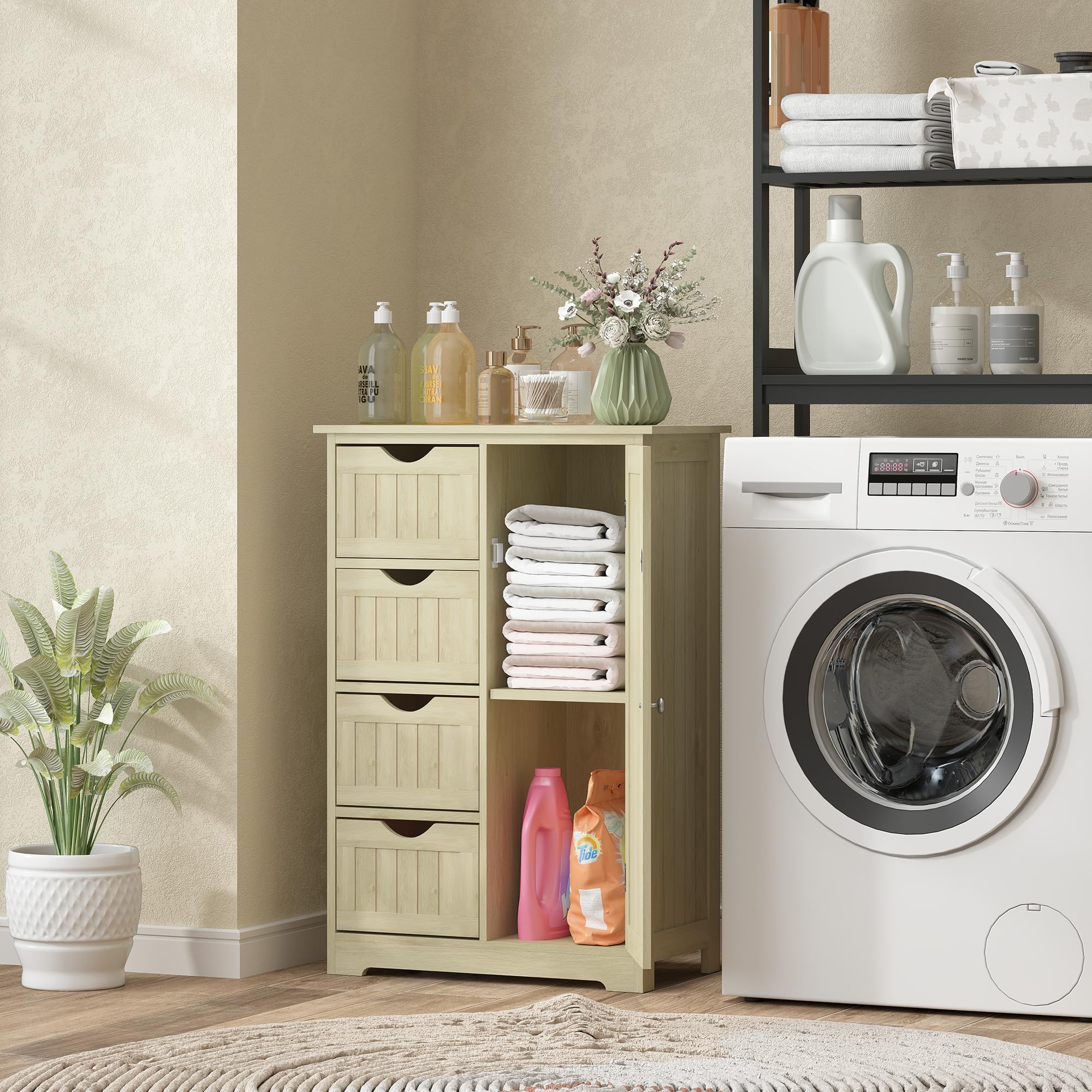 kleankin Armario de Baño Mueble Auxiliar Baño con 4 Cajones 56x30x83 cm | Estante Ajustable, Estilo Moderno, para Espacios Pequeños, Estrecha, Madera Natural