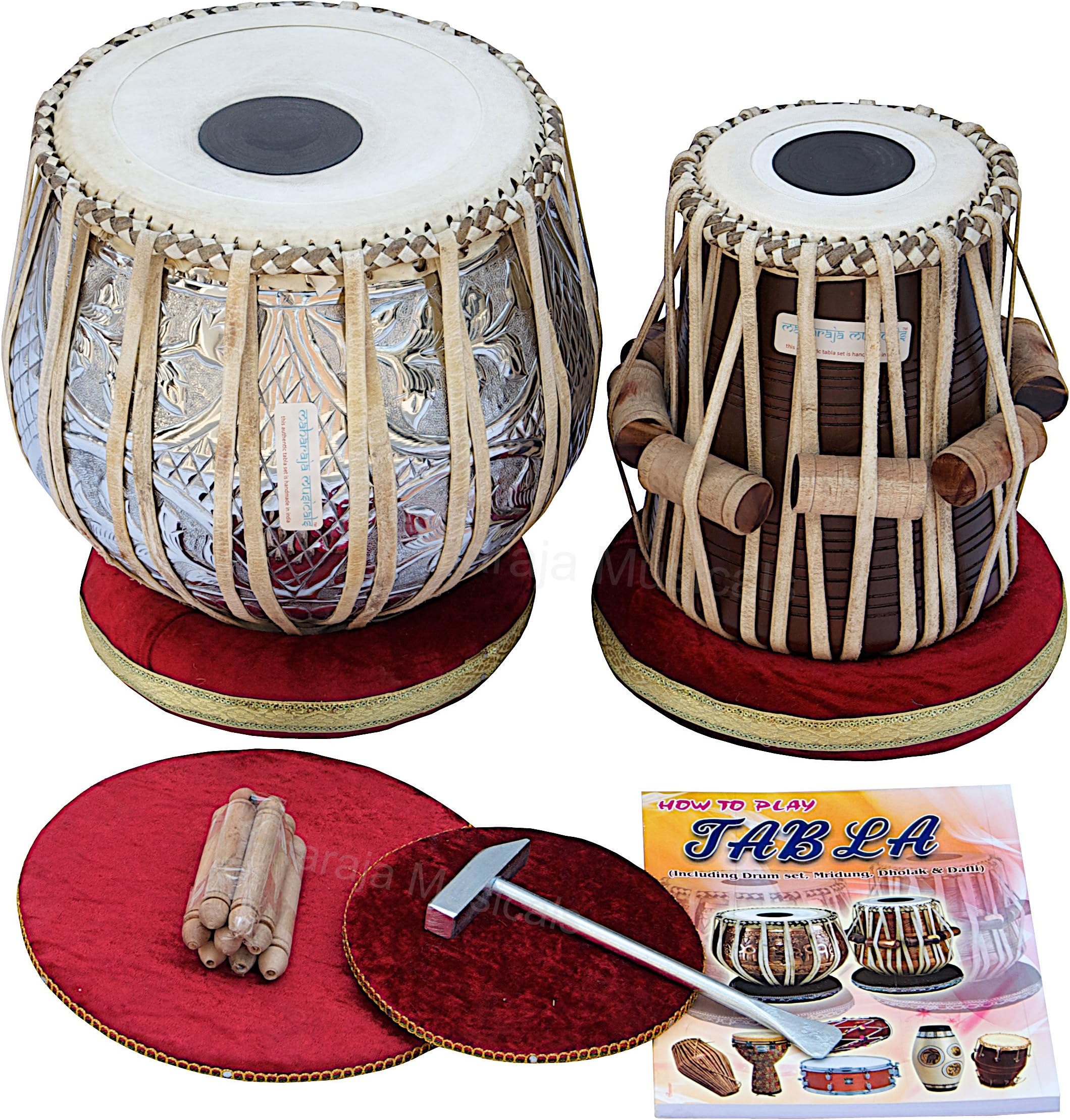 MAHARAJA Concert Tabla Drum Set, 4½ Kg Copper Bayan, Designer, Finest Dayan with Padded Bag, Hammer, Cushions & Cover - Tabla Set Tabla Drums Tablas Indian Musical Instruments (PDI-69)
