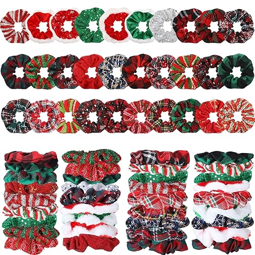 60 coleteros de Navidad para niñas, coleteros de Navidad a granel, coleteros de terciopelo suave elástico con copos de nieve, coleteros a cuadros,