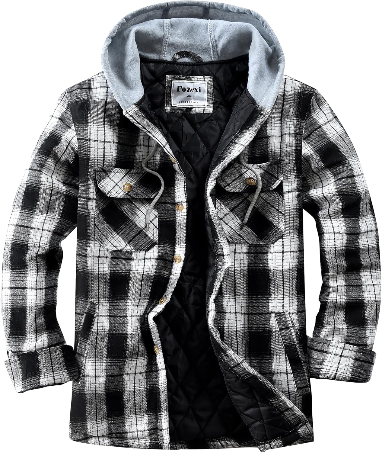 Men's Quilted Lined Flannel Shirt Jacket Button Down Flannel with Hood Lightweight Quilted Jackets for Men Black/White Large