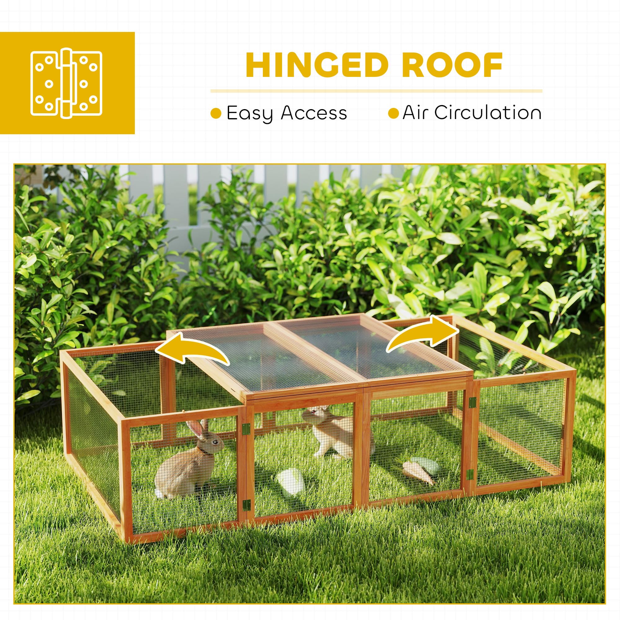 Pawhut Rabbit Run Wooden Rabbit Hutch Cage 6ft with Wire Mesh, Openable Roof, Play Space for Outdoor, 181 x 100 x 48 cm, Natural Wood Finish — view 3