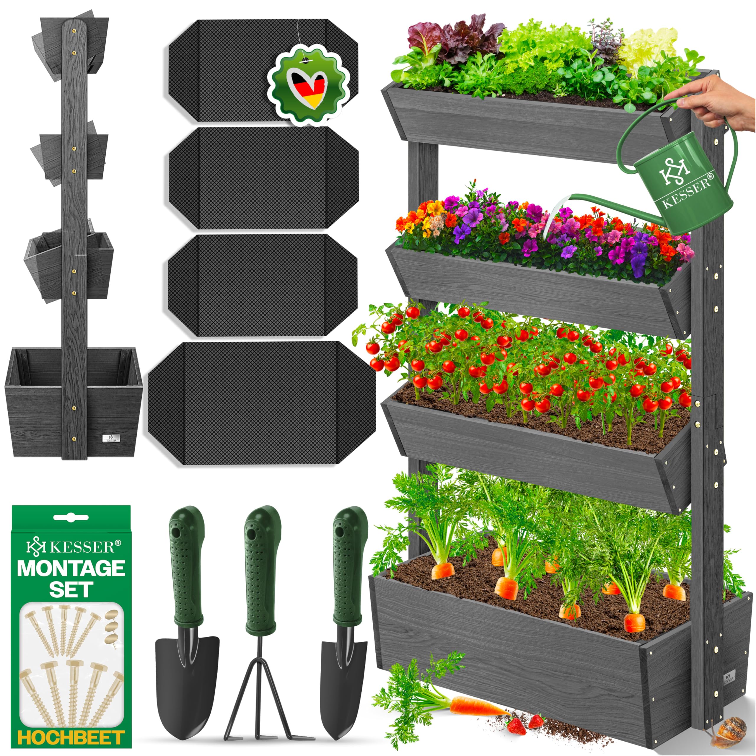 KESSER® Hochbeet mit 4 Etagen Premium Blumenkasten Blumentreppe Pflanztreppe Gemüsebeet Kräuterbeet Pflanzkübel Frühbeet Blumenbeet Pflanzkasten mit Gartenvlies - Beet inkl. Schaufelset, Anthrazit