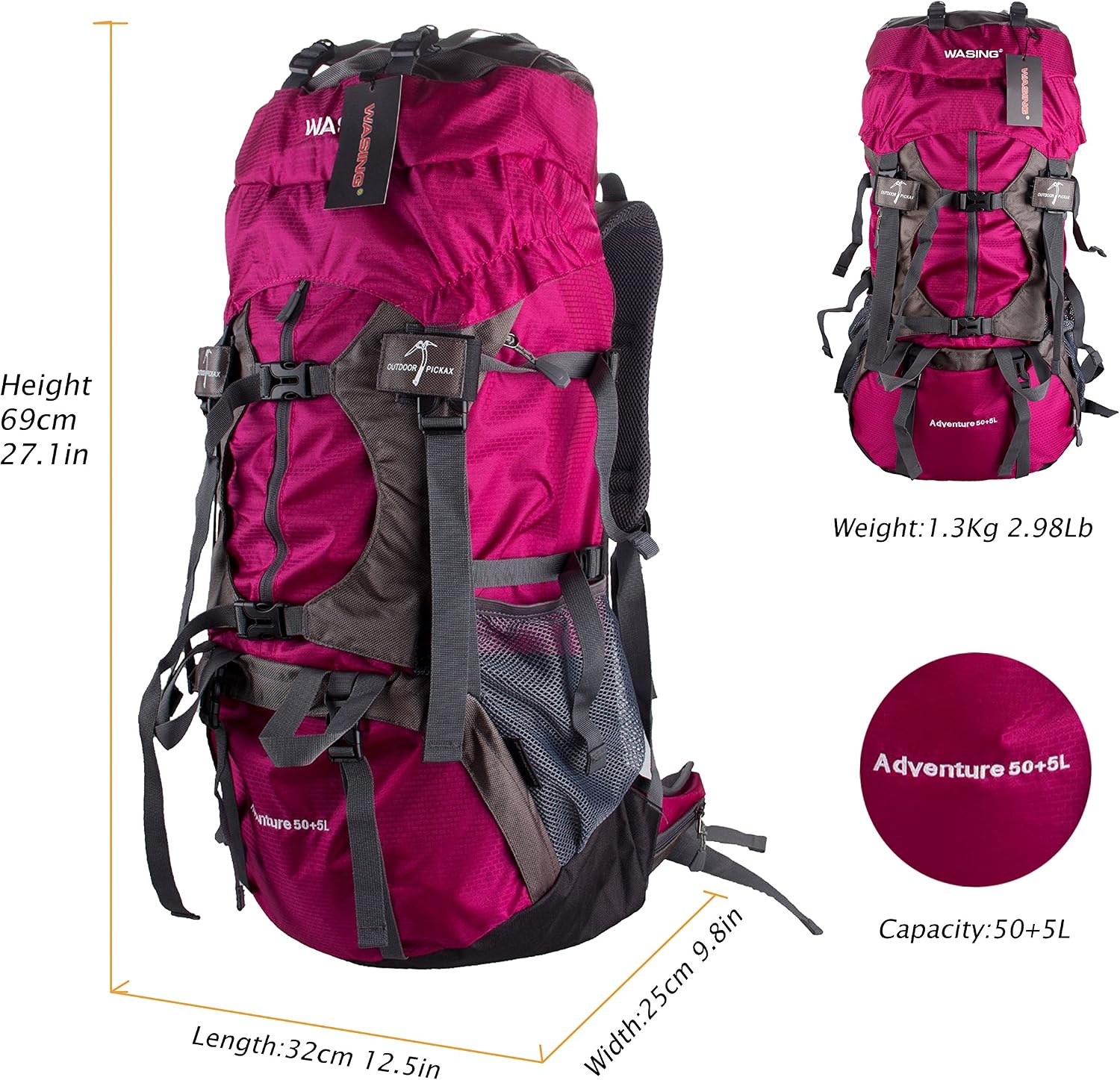 WASING 55L Internal Frame Backpack Hiking Backpacking Packs for Outdoor Travel Climbing Camping Mountaineering with Rain Cover - Red